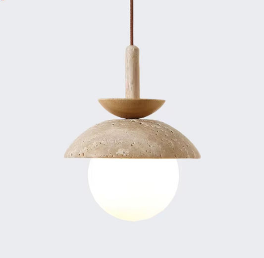 Japanse Travertijn Hanglamp – Moderne Wabi Sabi LED Hanglamp met Houten Accenten