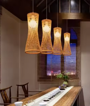 Japanse Bamboe Hanglamp – Handgeweven Rotan Kroonluchter, Natuurlijke Sfeerverlichting voor Woonkamer, Restaurant & Café