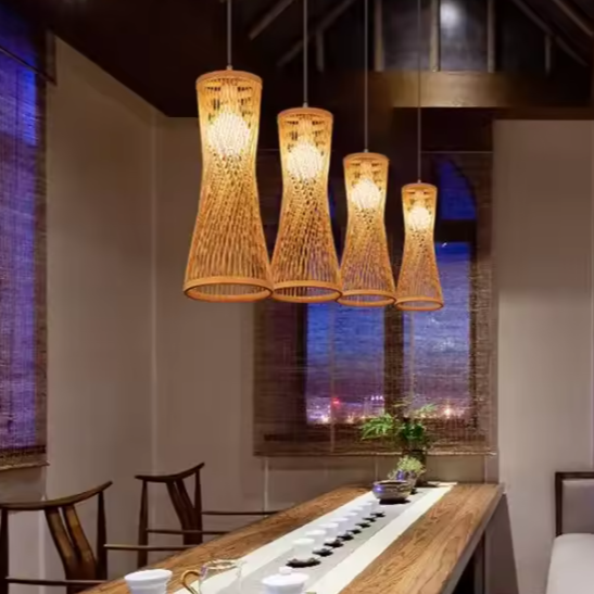 Japanse Bamboe Hanglamp – Handgeweven Rotan Kroonluchter, Natuurlijke Sfeerverlichting voor Woonkamer, Restaurant & Café