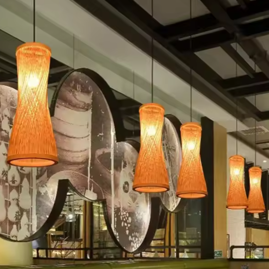 Japanse Bamboe Hanglamp – Handgeweven Rotan Kroonluchter, Natuurlijke Sfeerverlichting voor Woonkamer, Restaurant & Café
