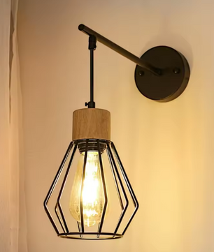 Vintage Industriële Wandlamp – Metaal & Hout, E27 Fitting