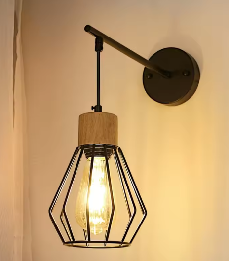 Vintage Industriële Wandlamp – Metaal & Hout, E27 Fitting