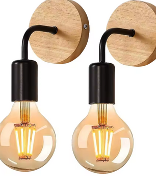 Industriële Wandlampen 2-Pack – Retro Hout & Metaal, E27 Fitting