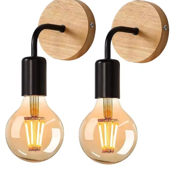 Industriële Wandlampen 2-Pack – Retro Hout & Metaal, E27 Fitting