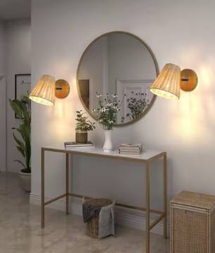 Retro Rotan Wandlamp – Handgeweven LED Wandkandelaar met Schakelaar