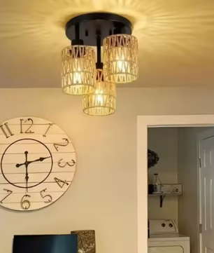 Handgemaakte Rotan Plafondlamp – Boho Geweven Kroonluchter met E27 Fitting, Natuurlijk en Sfeervol
