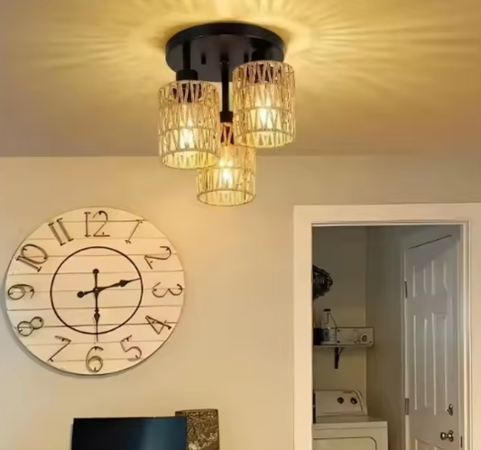 Handgemaakte Rotan Plafondlamp – Boho Geweven Kroonluchter met E27 Fitting, Natuurlijk en Sfeervol