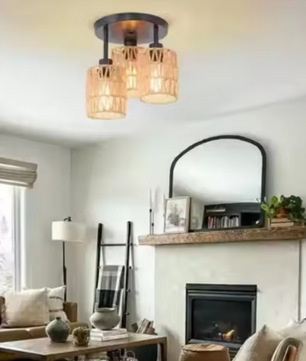 Handgemaakte Rotan Plafondlamp – Boho Geweven Kroonluchter met E27 Fitting, Natuurlijk en Sfeervol