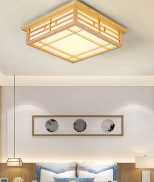 Plafondlamp met Grenenhout & PVC Kap – 16W LED Warm Licht, Vierkant Design