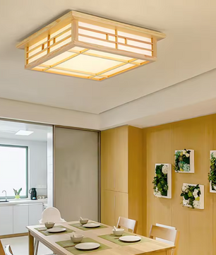 Plafondlamp met Grenenhout & PVC Kap – 16W LED Warm Licht, Vierkant Design