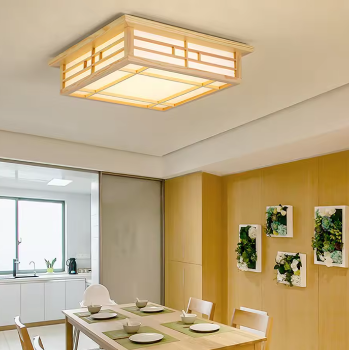 Plafondlamp met Grenenhout & PVC Kap – 16W LED Warm Licht, Vierkant Design
