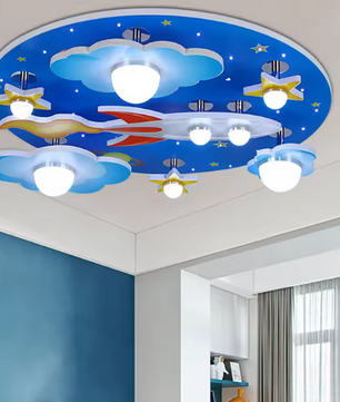 Kinderkamer LED Plafondlamp – Cartoon Blauw Design met Sterren, Wolken & Planeten, 35W Dimbaar