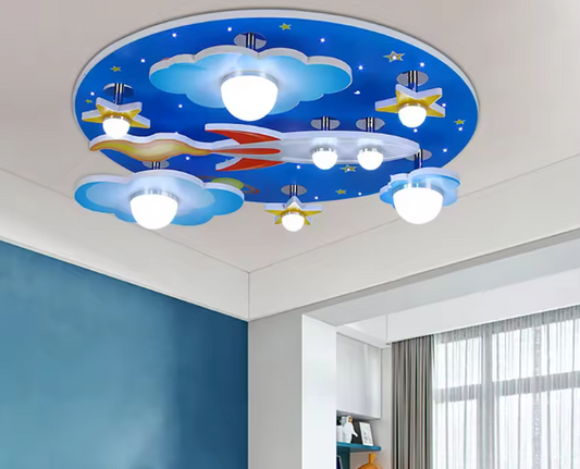 Kinderkamer LED Plafondlamp – Cartoon Blauw Design met Sterren, Wolken & Planeten, 35W Dimbaar