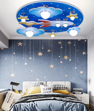 Kinderkamer LED Plafondlamp – Cartoon Blauw Design met Sterren, Wolken & Planeten, 35W Dimbaar