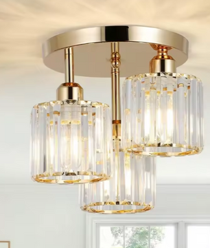 Moderne Gouden Plafondlamp – 3-Lichts met Kristalglas, Semi-Inbouw