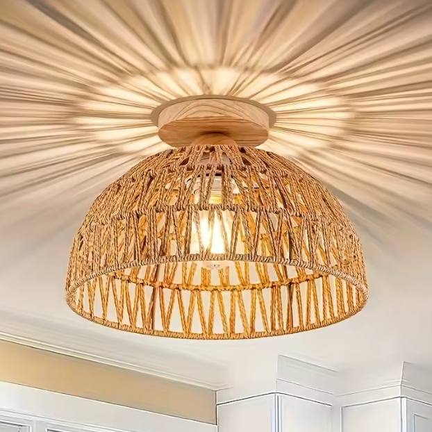 Handgemaakte Rieten Plafondlamp – Natuurlijke Lampenkap voor Woonkamer & Slaapkamer