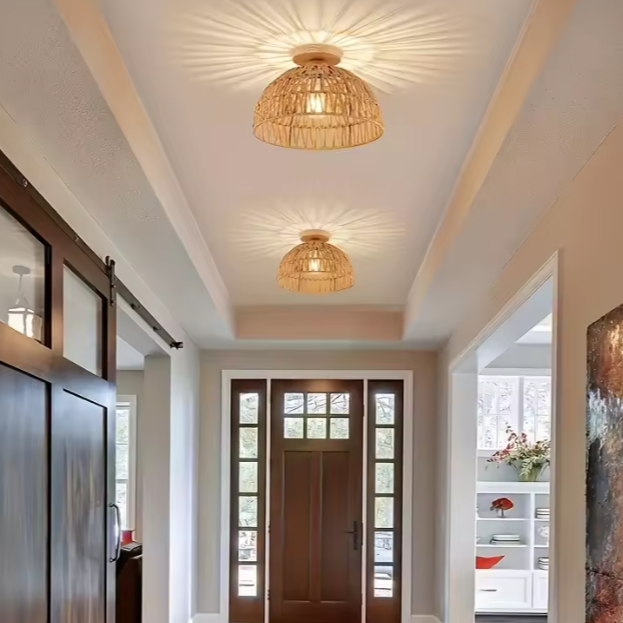 Handgemaakte Rieten Plafondlamp – Natuurlijke Lampenkap voor Woonkamer & Slaapkamer