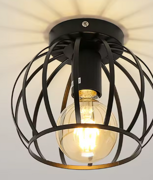 Vintage Plafondlamp – Zwarte Semi-Inbouwlamp met Kooi Ontwerp