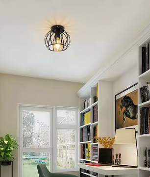 Vintage Plafondlamp – Zwarte Semi-Inbouwlamp met Kooi Ontwerp