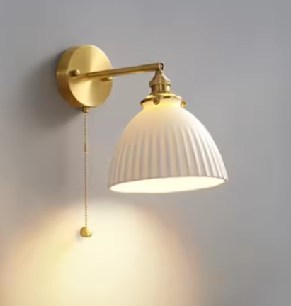 Moderne Keramische Wandlamp – Scandinavische Stijl met Trekschakelaar, Koper & LED