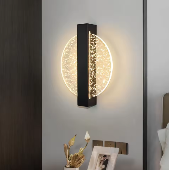 Moderne LED Wandlamp – Rond Zwart & Zilverblad, Acryl, Warm Licht 3500K