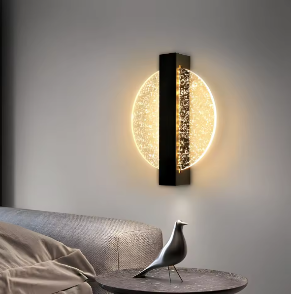 Moderne LED Wandlamp – Rond Zwart & Zilverblad, Acryl, Warm Licht 3500K