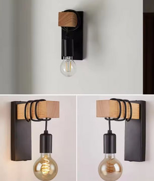 Retro Houten Wandlamp – Industriële LED E27 Muurverlichting