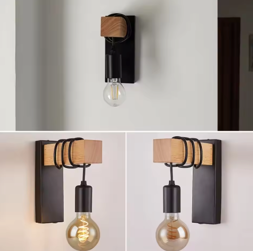 Retro Houten Wandlamp – Industriële LED E27 Muurverlichting