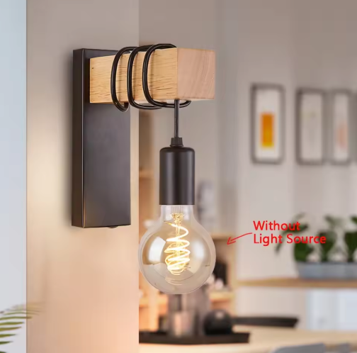 Retro Houten Wandlamp – Industriële LED E27 Muurverlichting