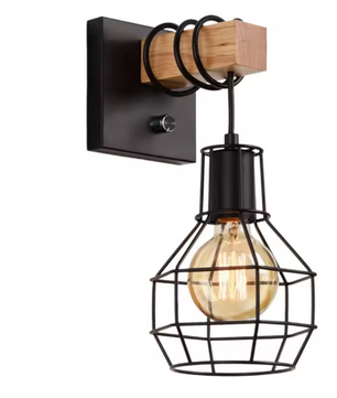 Moderne Retro Wandlamp met Houten Basis – Industriële Kooilamp