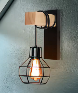 Moderne Retro Wandlamp met Houten Basis – Industriële Kooilamp