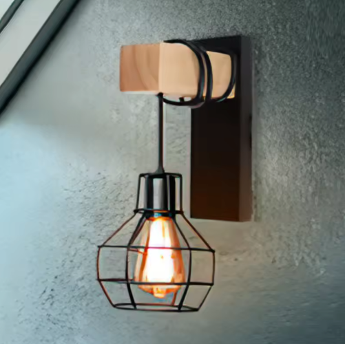 Moderne Retro Wandlamp met Houten Basis – Industriële Kooilamp