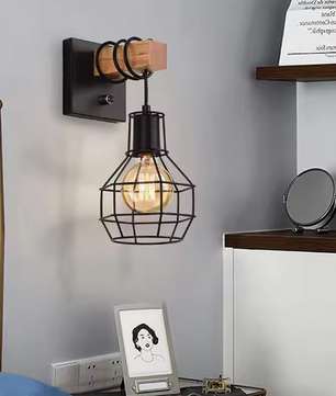 Moderne Retro Wandlamp met Houten Basis – Industriële Kooilamp