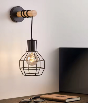Moderne Retro Wandlamp met Houten Basis – Industriële Kooilamp