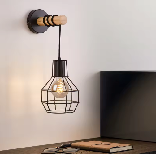 Moderne Retro Wandlamp met Houten Basis – Industriële Kooilamp
