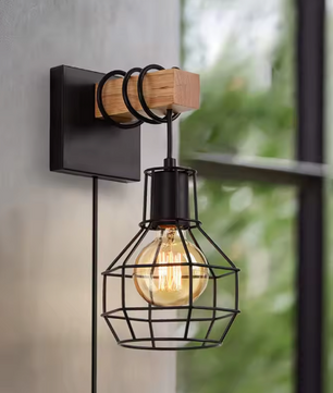 Moderne Retro Wandlamp met Houten Basis – Industriële Kooilamp
