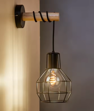 Moderne Retro Wandlamp met Houten Basis – Industriële Kooilamp