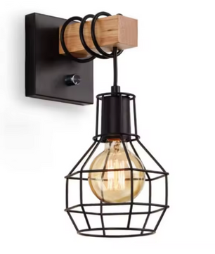 Moderne Retro Wandlamp met Houten Basis – Industriële Kooilamp
