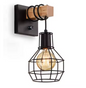 Moderne Retro Wandlamp met Houten Basis – Zwarte Industriële Kooilamp E27 voor Woonkamer en Slaapkamer