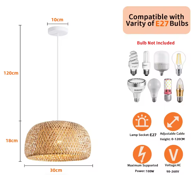 Bamboe Hanglamp – Handgeweven Rotan Lantaarn, Natuurlijke E27