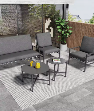 4-delige Outdoor Bankstel – Weerbestendig Metalen Frame met Verwijderbare Grijze Kussens, 2 Koffietafels voor Tuin en Terras