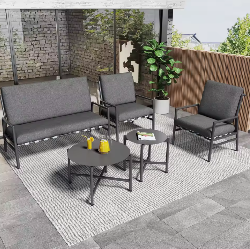 4-delige Outdoor Bankstel – Weerbestendig Metalen Frame met Verwijderbare Grijze Kussens, 2 Koffietafels voor Tuin en Terras
