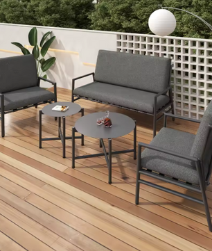 4-delige Outdoor Bankstel – Weerbestendig Metalen Frame met Verwijderbare Grijze Kussens, 2 Koffietafels voor Tuin en Terras