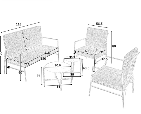 4-delige Outdoor Bankstel – Weerbestendig Metalen Frame met Verwijderbare Grijze Kussens, 2 Koffietafels voor Tuin en Terras