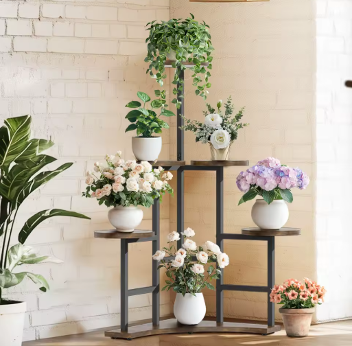 Hoekplantendisplayrek met 6 Lagen – Houten & Metalen Plantenstandaard, 108,5 cm Hoog