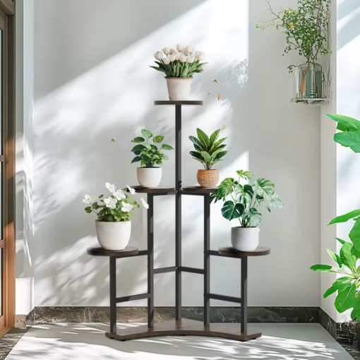 Hoekplantendisplayrek met 6 Lagen – Houten & Metalen Plantenstandaard, 108,5 cm Hoog