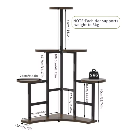 Hoekplantendisplayrek met 6 Lagen – Houten & Metalen Plantenstandaard, 108,5 cm Hoog