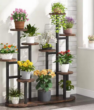 Houten Plantenstandaard met Hanggedeelte – 3 Lagen Bloemenrek voor Binnen & Buiten