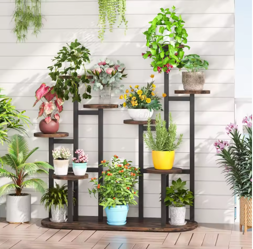 Houten Plantenstandaard met Hanggedeelte – 3 Lagen Bloemenrek voor Binnen & Buiten