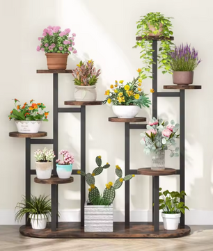Houten Plantenstandaard met Hanggedeelte – 3 Lagen Bloemenrek voor Binnen & Buiten